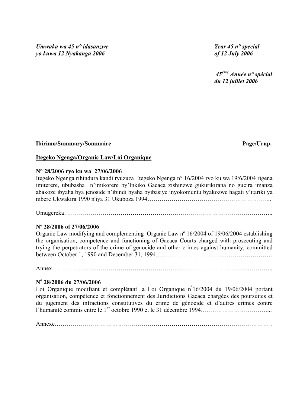 Umwaka Wa 45 N° Idasanzwe Year 45 N° Special Yo Kuwa 12 Nyakanga 2006 of 12 July 2006