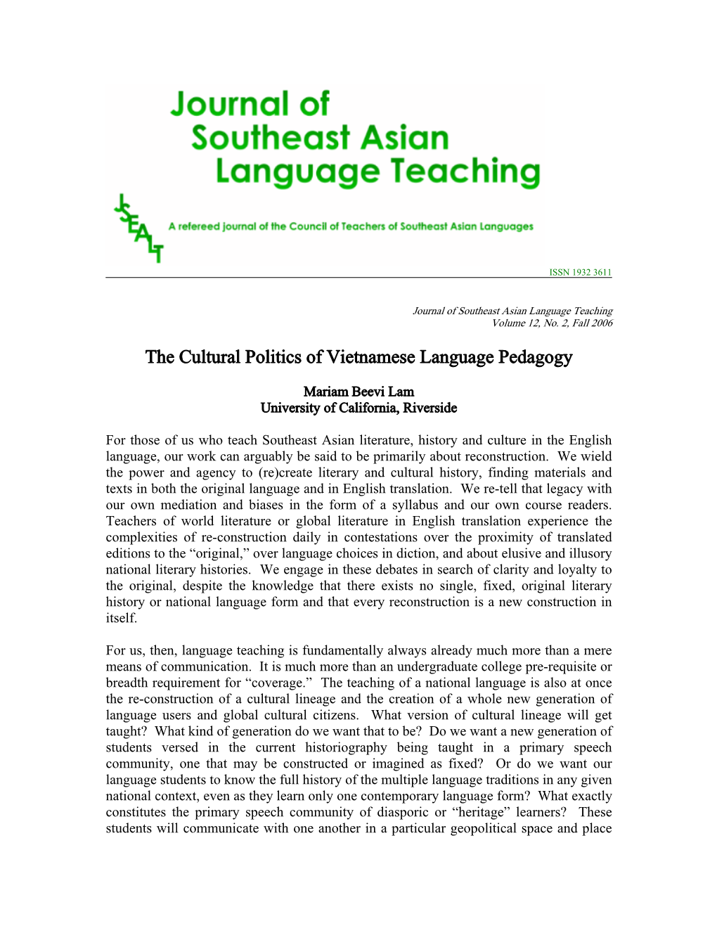 The Cultural Politics of Vietnamese Pedagogy