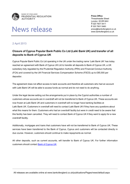 Closure of Cyprus Popular Bank Public Co Ltd (Laiki Bank UK) and Transfer of All Deposits to Bank of Cyprus UK