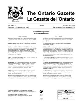 Ontario Gazette Volume 140 Issue 37, La Gazette De L'ontario Volume 140