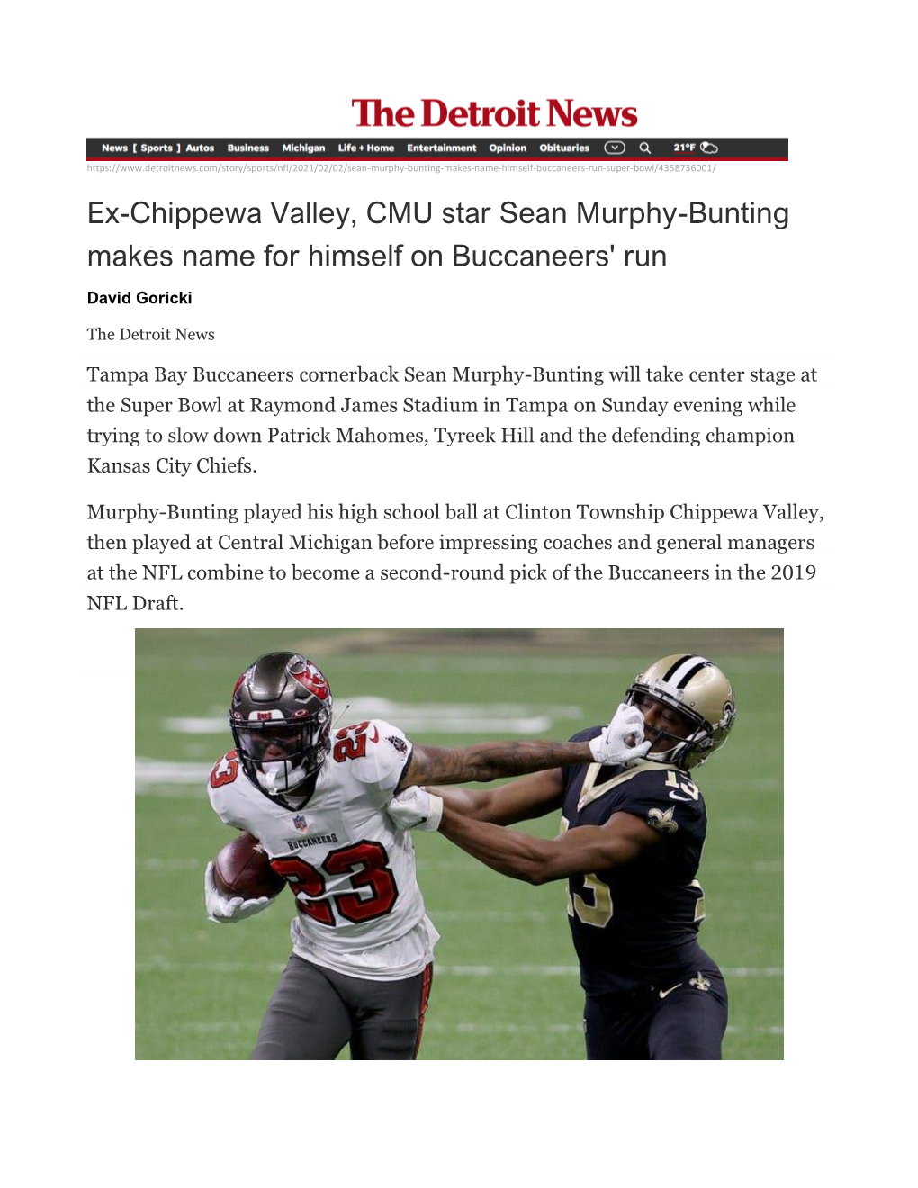 Ex-Chippewa Valley, CMU Star Sean Murphy-Bunting Makes Name for Himself on Buccaneers' Run