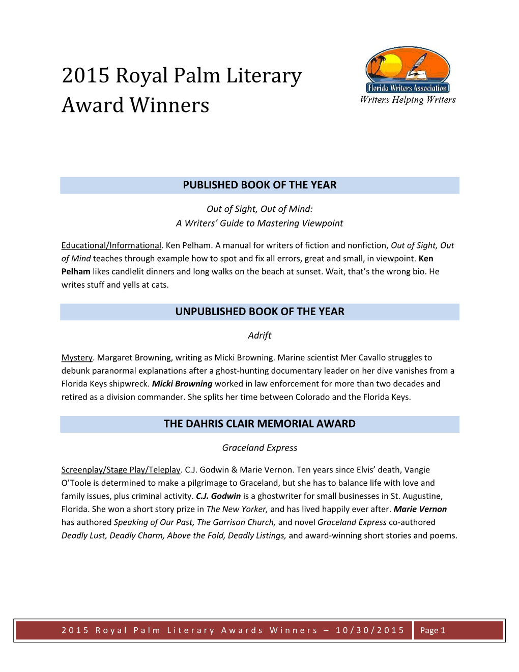 2015 Royal Palm Literary Award Winners