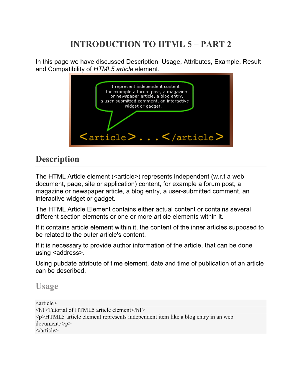 INTRODUCTION to HTML 5 – PART 2 Description Usage