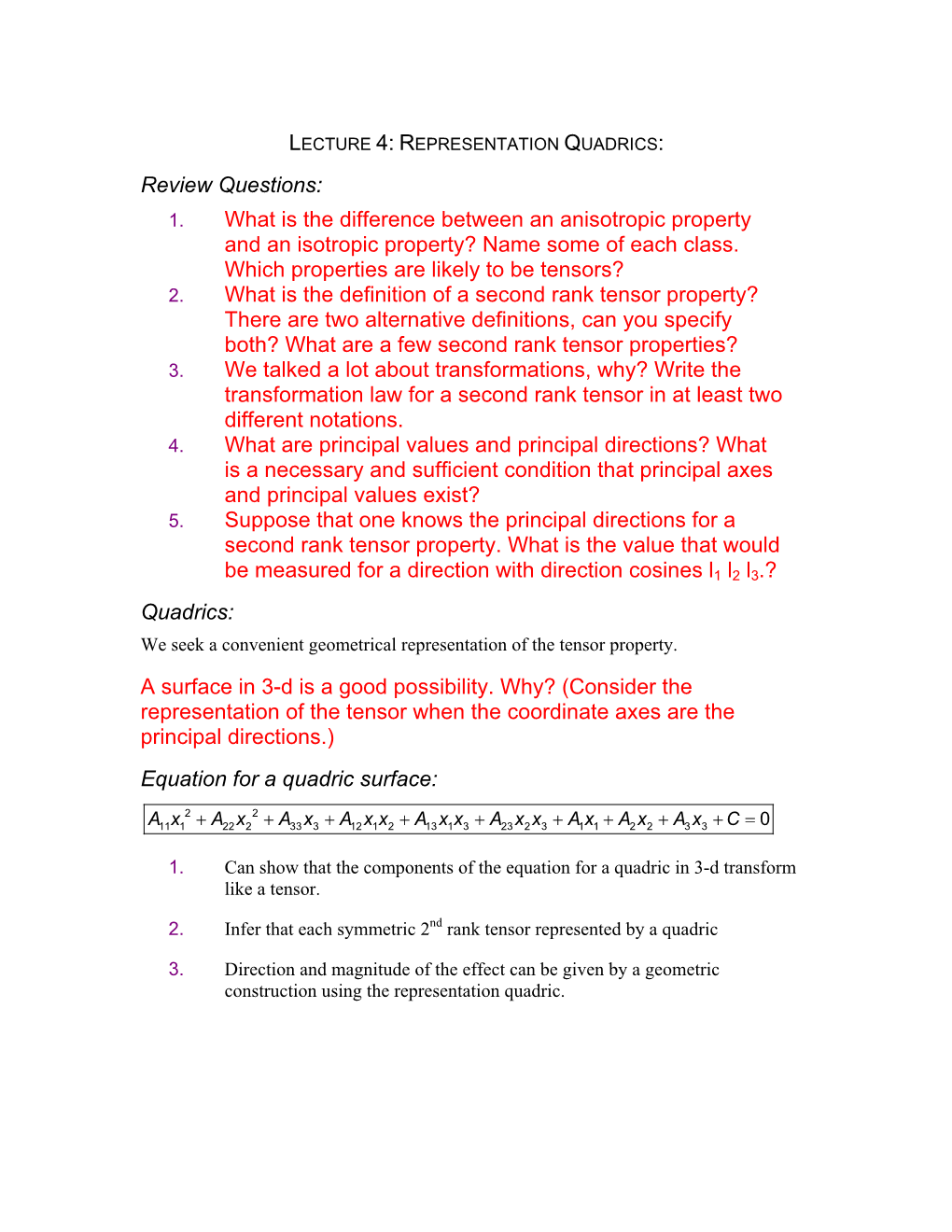 LECTURE 4: REPRESENTATION QUADRICS: Review Questions