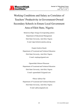 Working Conditions and Salary As Correlates of Teachers' Productivity in Government-Owned Secondary Schools in Emure Local
