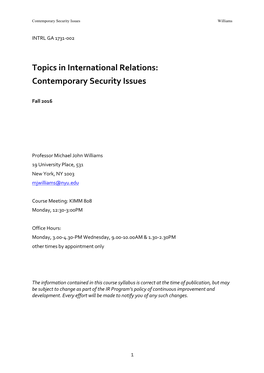 Topics in International Relations: Contemporary Security Issues