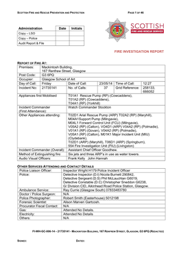 Administration Date Initials FIRE INVESTIGATION REPORT Premises: Mackintosh Building, 167 Renfrew Street, Glasgow Post Code: G3