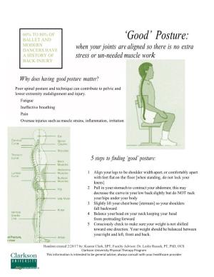 Posture: MODERN DANCERS HAVE When Your Joints Are Aligned So There Is No Extra a HISTORY of Stress Or Un-Needed Muscle Work