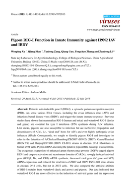 Pigeon RIG-I Function in Innate Immunity Against H9N2 IAV and IBDV