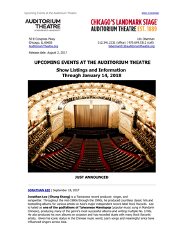 UPCOMING EVENTS at the AUDITORIUM THEATRE Show Listings and Information Through January 14, 2018