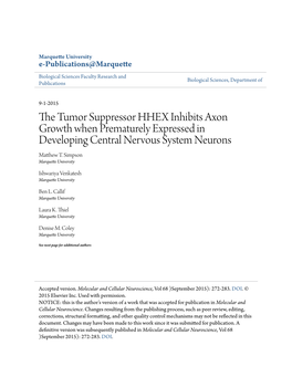 The Tumor Suppressor HHEX Inhibits Axon Growth When Prematurely Expressed in Developing Central Nervous System Neurons