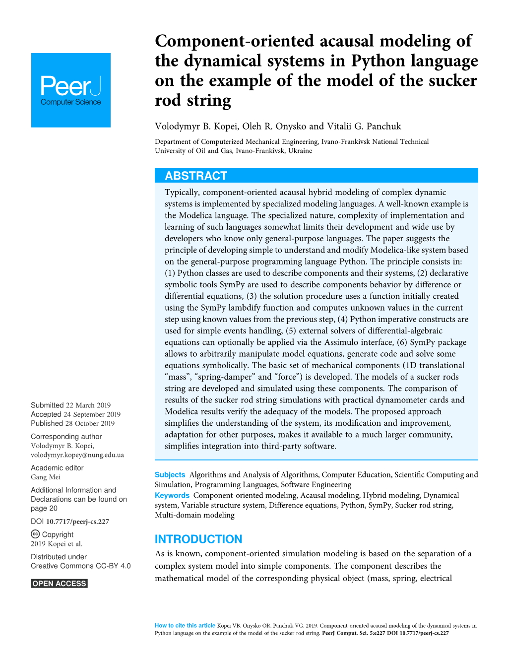 Component-Oriented Acausal Modeling of the Dynamical Systems in Python Language on the Example of the Model of the Sucker Rod String