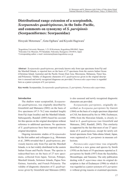 Distributional Range Extension of a Scorpionfish, Scorpaenodes Quadrispinosus, in the Indo–Pacific, and Comments on Synonymy of S