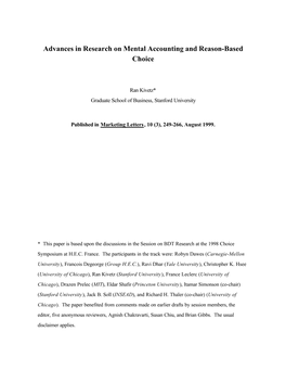 Advances in Research on Mental Accounting and Reason-Based Choice