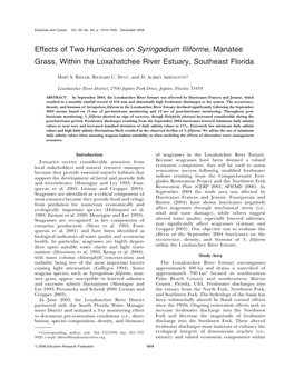 Effects of Two Hurricanes on Syringodium Filiforme, Manatee Grass, Within the Loxahatchee River Estuary, Southeast Florida