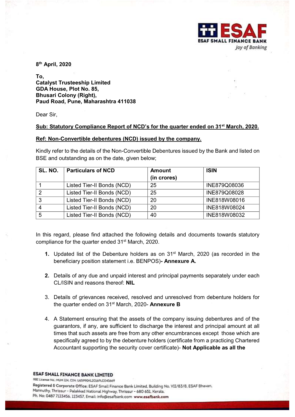 NCD Compliance Report for the Quarter