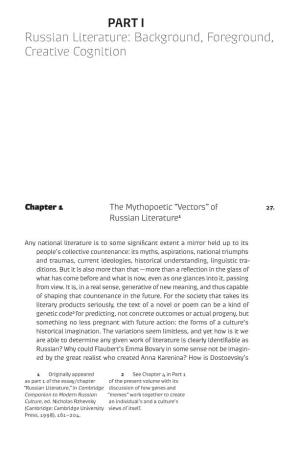 Of Russian Literaturepart I Russian Literature: Background, Foreground, Creative Cognition
