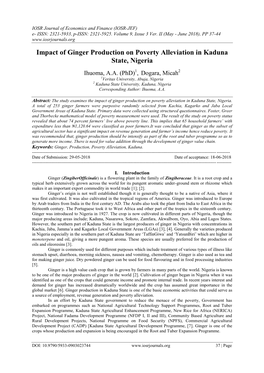 Impact of Ginger Production on Poverty Alleviation in Kaduna State, Nigeria