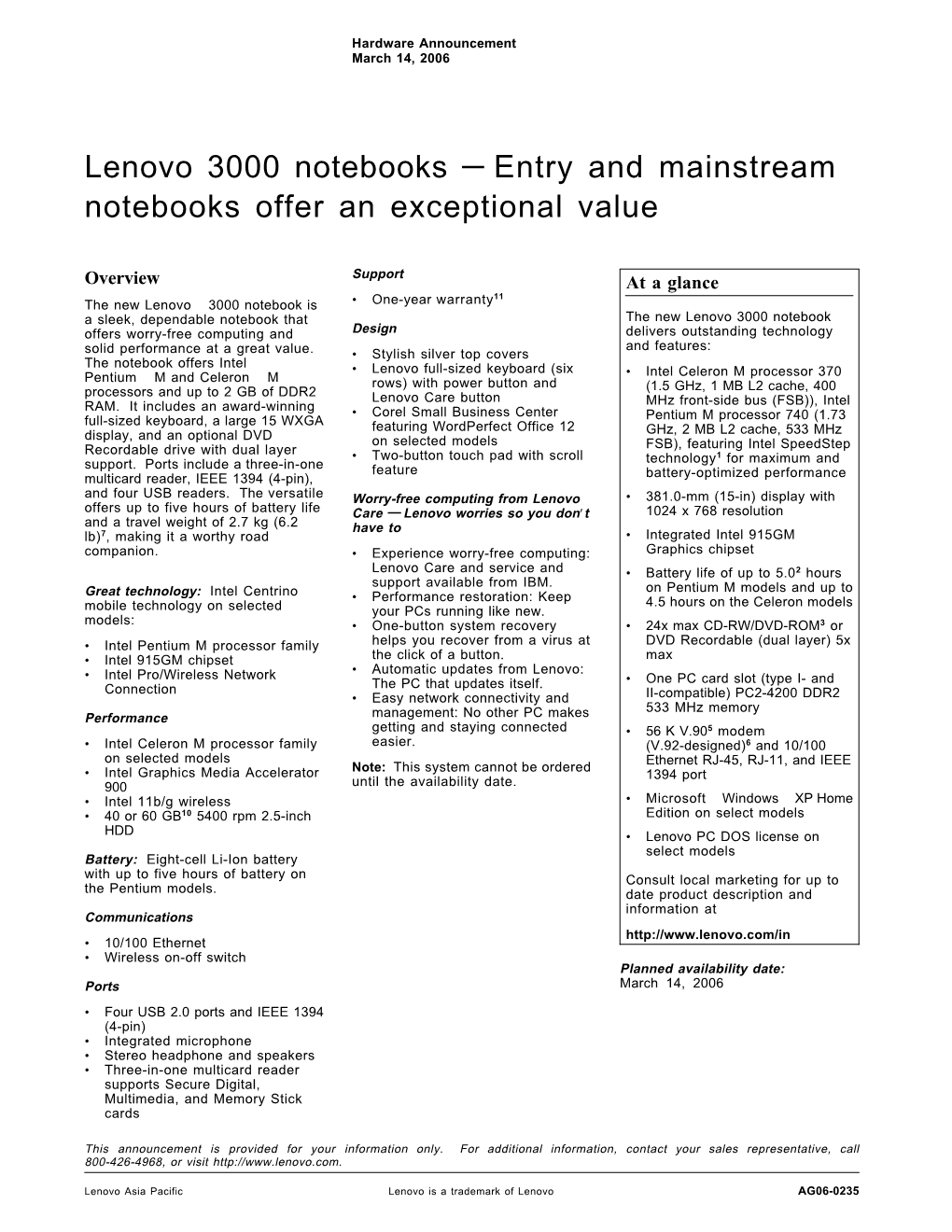 Lenovo 3000 Notebooks — Entry and Mainstream Notebooks Offer an Exceptional Value