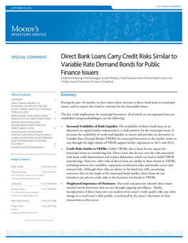 Direct Bank Loans Carry Credit Risks Similar to Variable Rate Demand Bonds for Public Finance Issures