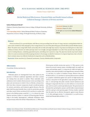 Herbal Medicinal Effectiveness: Potential Risks and Health Gained Without Collateral Damage: a Review of Drimia Maritime