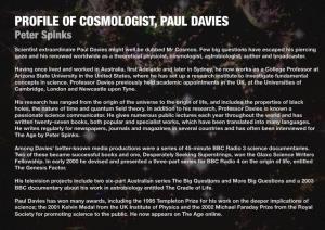 PROFILE of COSMOLOGIST, PAUL DAVIES Peter Spinks