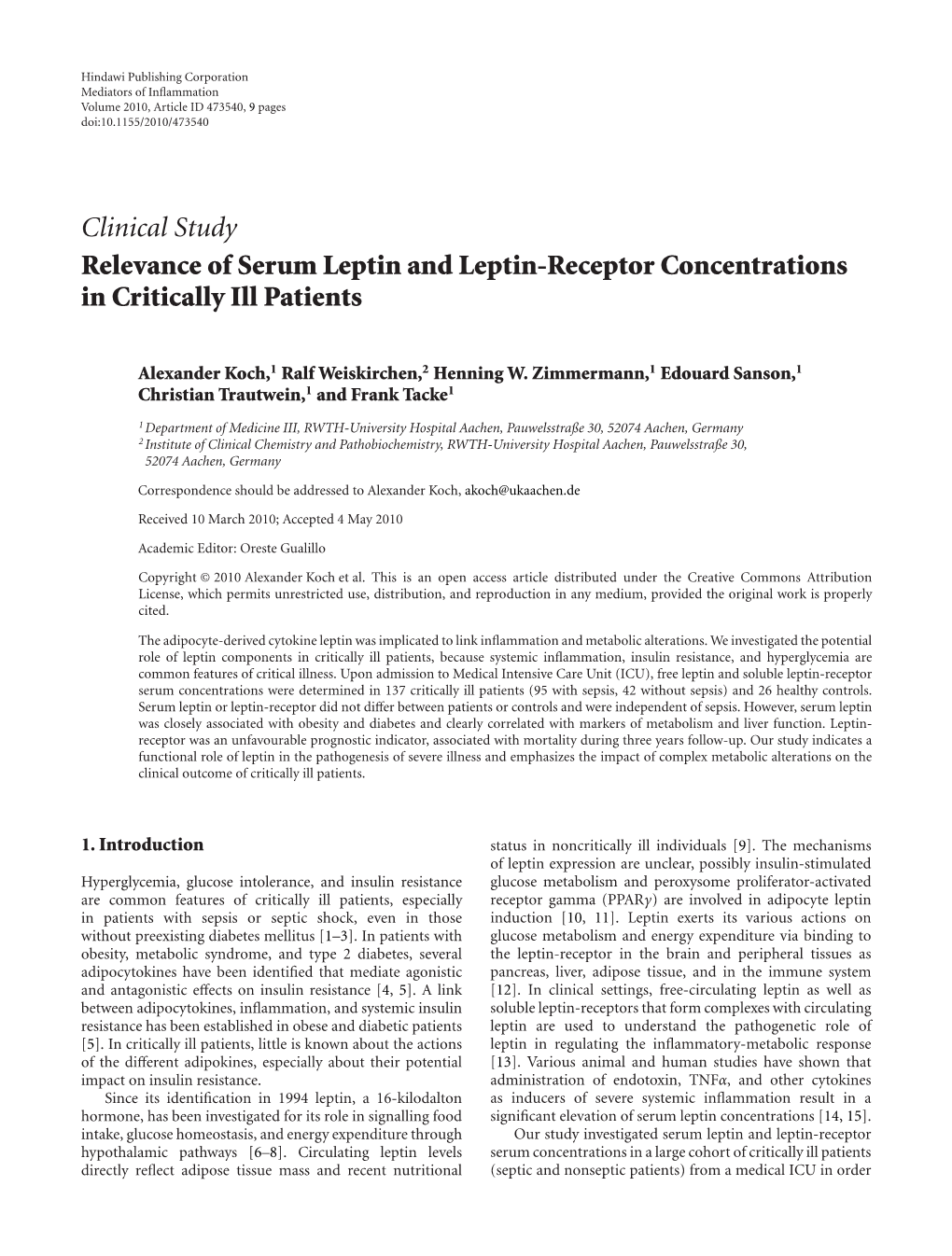 Relevance of Serum Leptin and Leptin-Receptor Concentrations in Critically Ill Patients