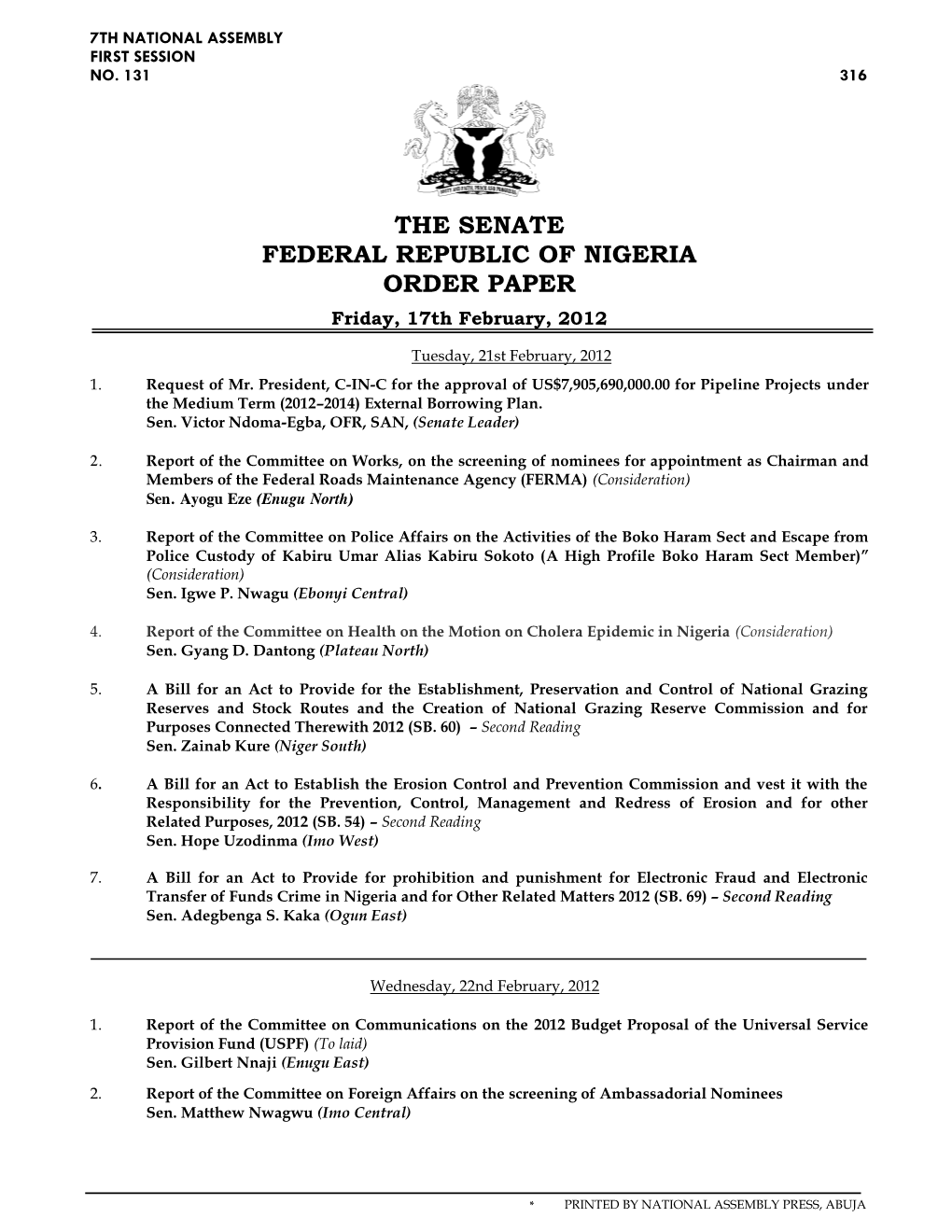 The Senate Federal Republic of Nigeria Order Paper