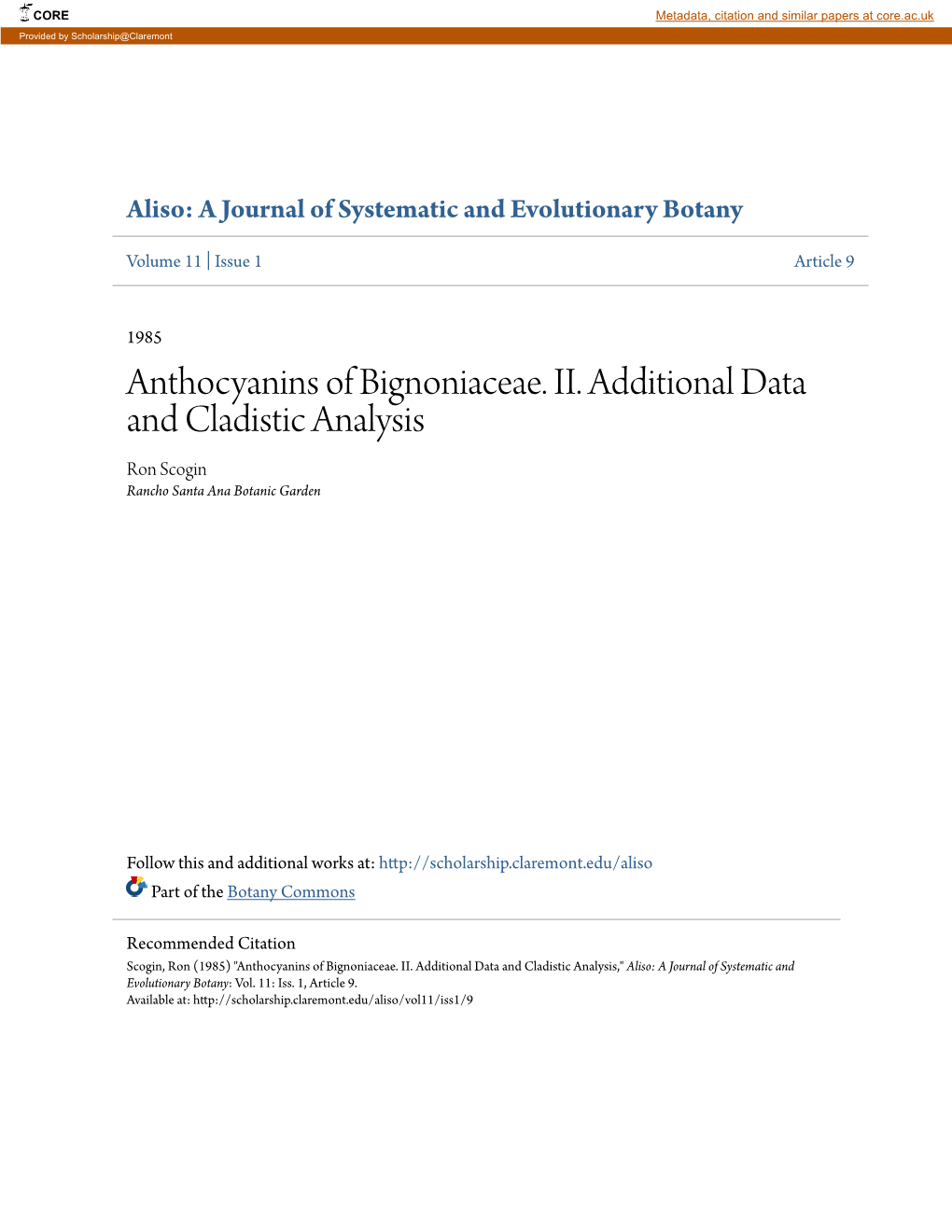 Anthocyanins of Bignoniaceae. II. Additional Data and Cladistic Analysis Ron Scogin Rancho Santa Ana Botanic Garden