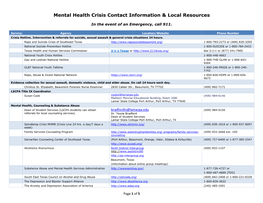 Mental Health Crisis Contact Information & Local Resources