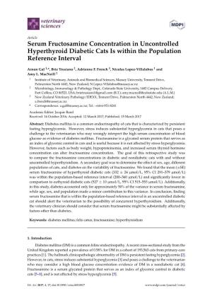 Serum Fructosamine Concentration in Uncontrolled Hyperthyroid Diabetic Cats Is Within the Population Reference Interval