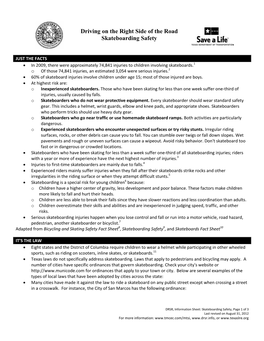 Information Sheet: Skateboarding Safety, Page 1 of 3 Last Revised on August 31, 2012 for More Information: Or