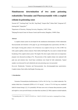 Simultaneous Determination of Two Acute Poisoning Rodenticides Tetramine and Fluoroacetamide with a Coupled Column in Poisoning Cases