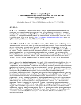 Library of Congress Report to ALA/ALCTS/CCS/Committee On