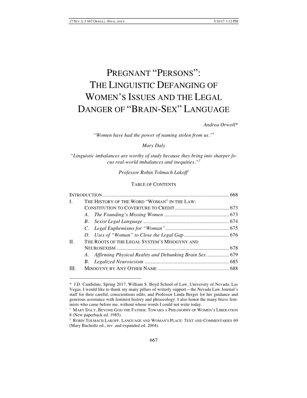 The Linguistic Defanging of Women's Issues and the Legal Danger Of