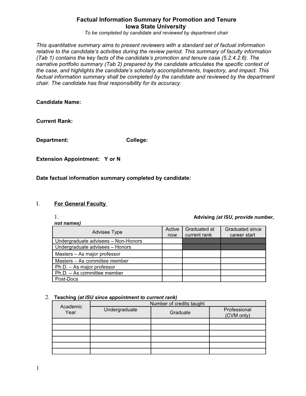 Factual Information Summary for Promotion and Tenure