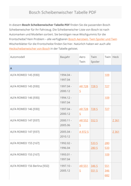 Bosch Scheibenwischer Tabelle 2016 Erleichtert Ihnen Die Suche Nach Dem Richtigen Scheibenwischer