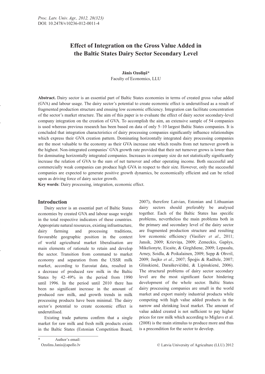 Effect of Integration on the Gross Value Added in the Baltic States Dairy Sector