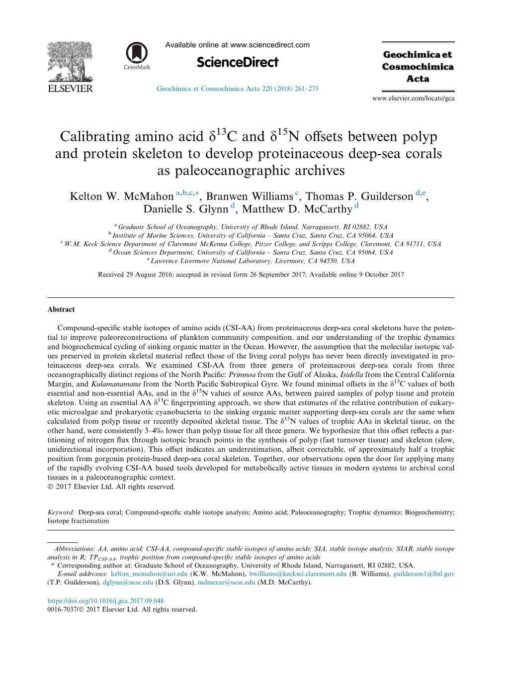 Calibrating Amino Acid Оґ13c and Оґ15n Offsets Between Polyp And