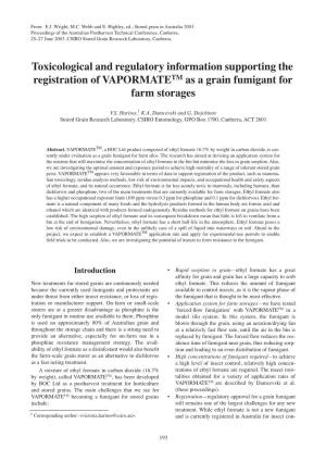 Toxicological and Regulatory Information Supporting the Registration of VAPORMATETM As a Grain Fumigant for Farm Storages