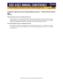 Common Logic Errors for Programming Learners: a Three-Decade Litera- Ture Survey
