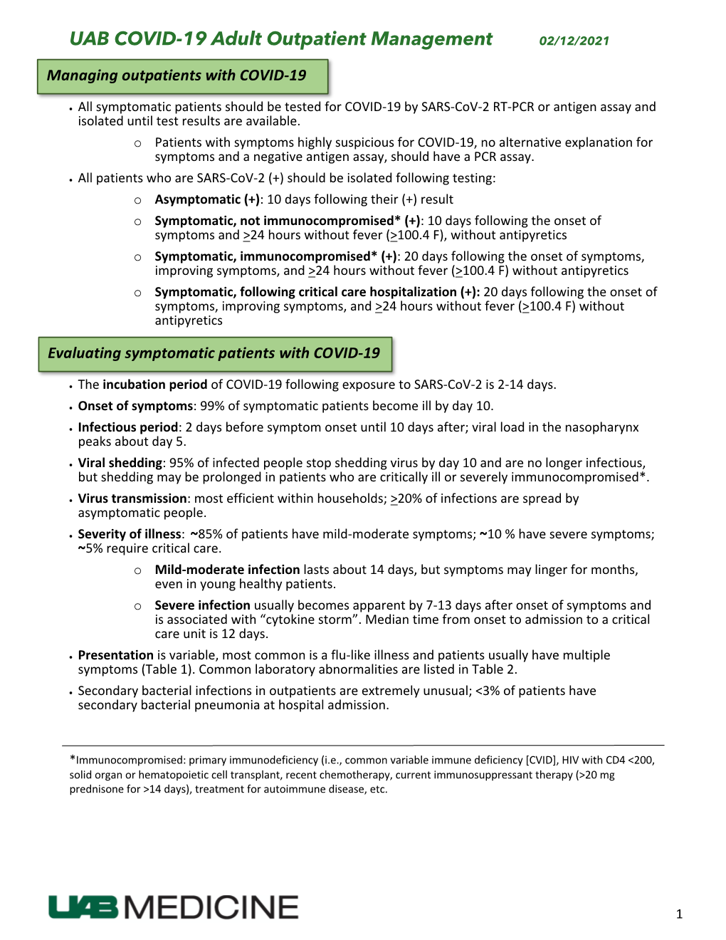 UAB COVID-19 Adult Outpatient Management 02/12/2021
