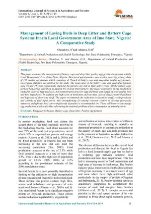 Management of Laying Birds in Deep Litter and Battery Cage Systems Inorlu Local Government Area of Imo State, Nigeria: a Comparative Study
