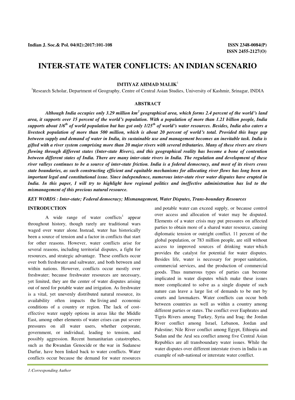 Inter-State Water Conflicts: an Indian Scenario