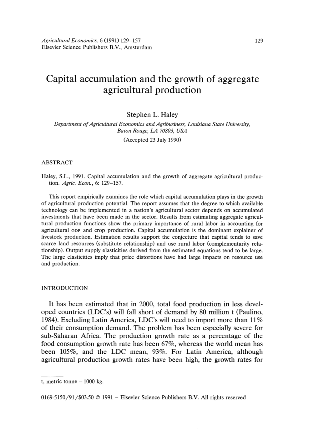 Capital Accumulation and the Growth of Aggregate Agricultural Production