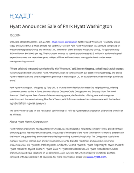 Hyatt Announces Sale of Park Hyatt Washington