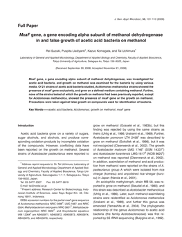 Mxaf Gene, a Gene Encoding Alpha Subunit of Methanol Dehydrogenase in and False Growth of Acetic Acid Bacteria on Methanol