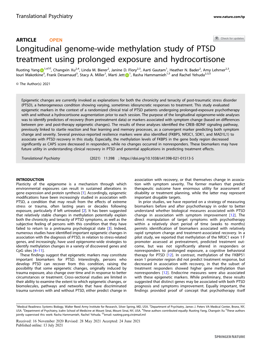 Longitudinal Genome-Wide Methylation Study of PTSD Treatment Using Prolonged Exposure and Hydrocortisone ✉ Ruoting Yang 1,4 , Changxin Xu2,4, Linda M