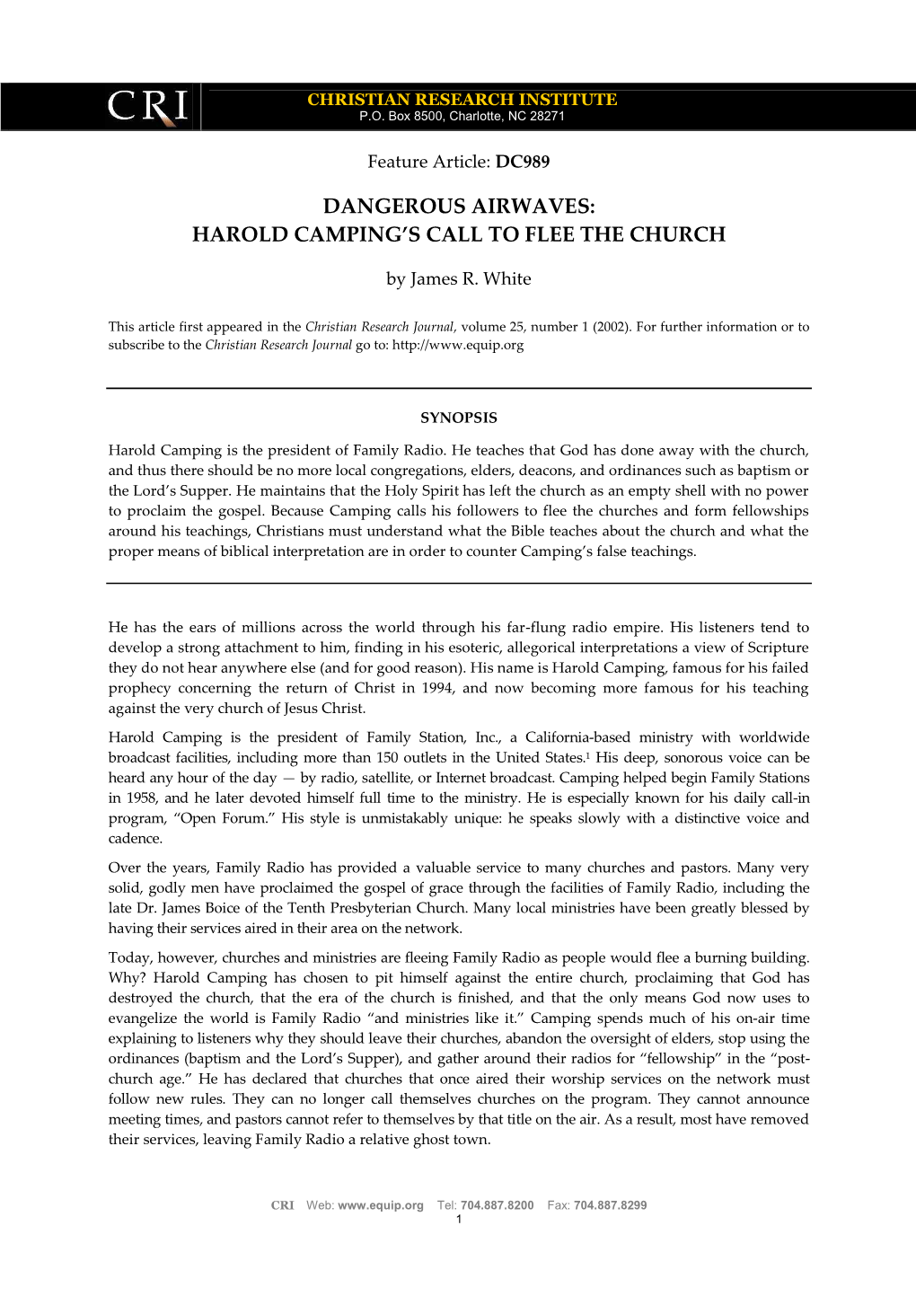 Dangerous Airwaves: Harold Camping's Call to Flee the Church