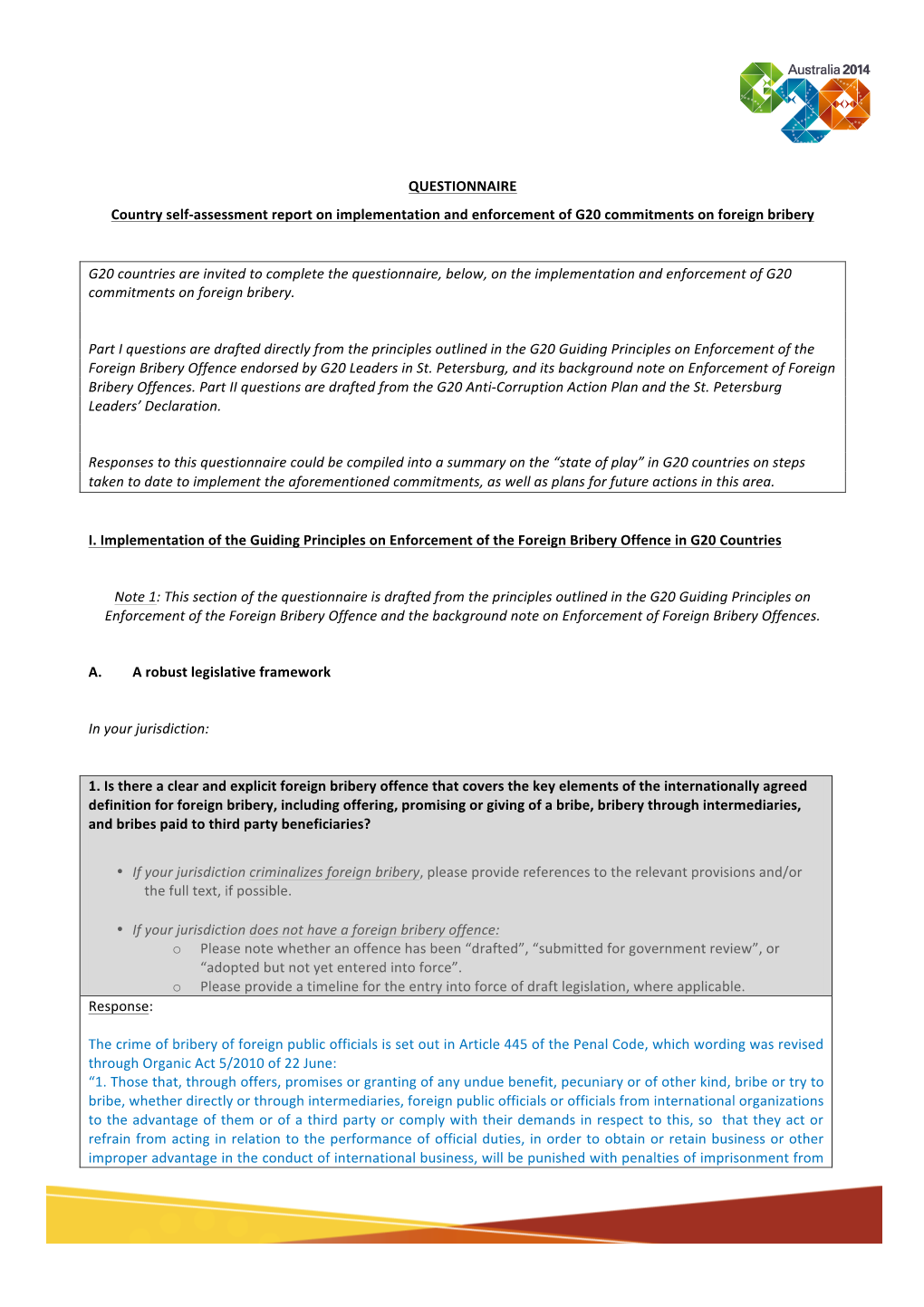 Country Self-Assessment Report on Implementation and Enforcement of G20 Commitments on Foreign Bribery